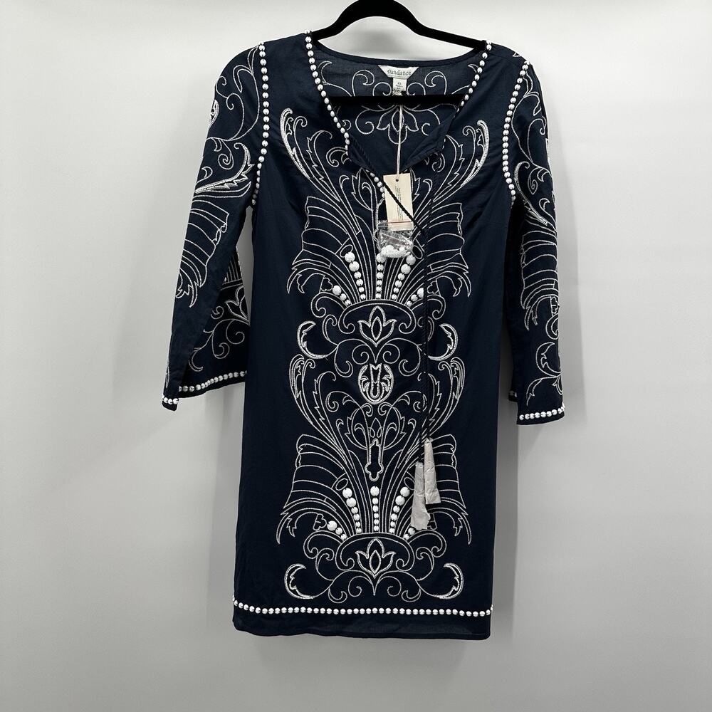 Sundance Dress Womens XS Navy Blue Embroidered Coastal Beaded Tropical Mini